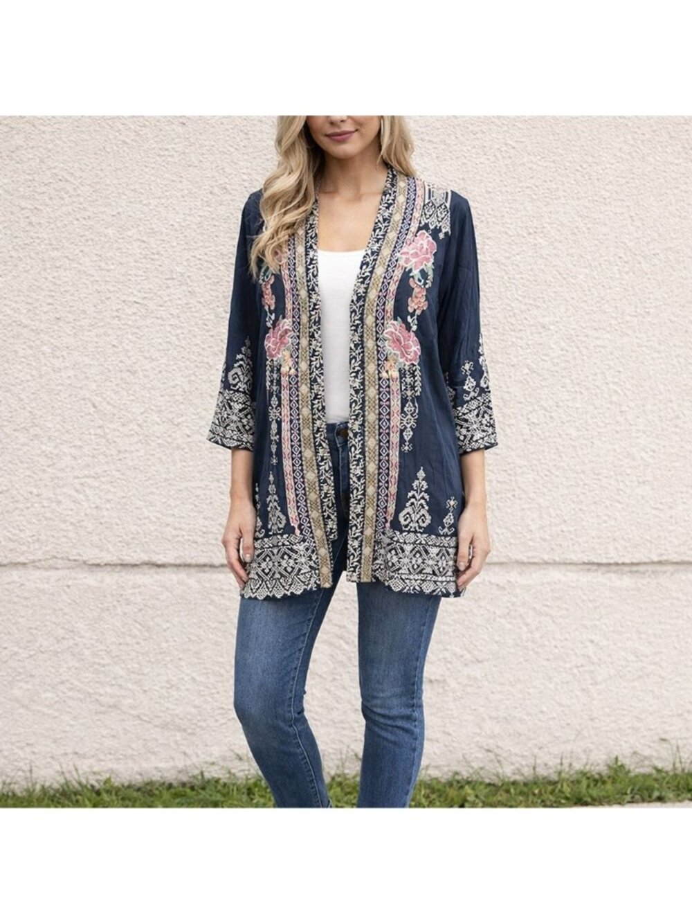 Johnny Was Floral Embroidered Helena Kimono Cardigan Sweater Womens S C45619-1